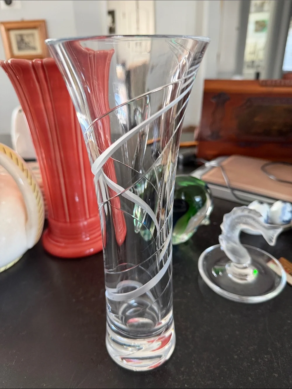 MILLER ROGASKSA CRYSTAL “ODYSSEY” 10” Vase Swirl Etched Clear & Frosted Accents
